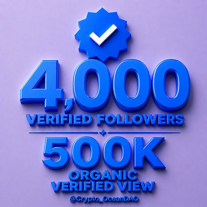 The image is a vibrant 3D-style graphic with a purple background featuring a blue verification badge with a white checkmark at the top, followed by the bold text "4,000 VERIFIED FOLLOWERS" and "500K ORGANIC VERIFIED VIEW" attributed to "@Crypto_OceanDAO." It visually celebrates the milestone mentioned in the post, emphasizing the achievement of reaching 4K followers and 500K organic views as a community-driven accomplishment.