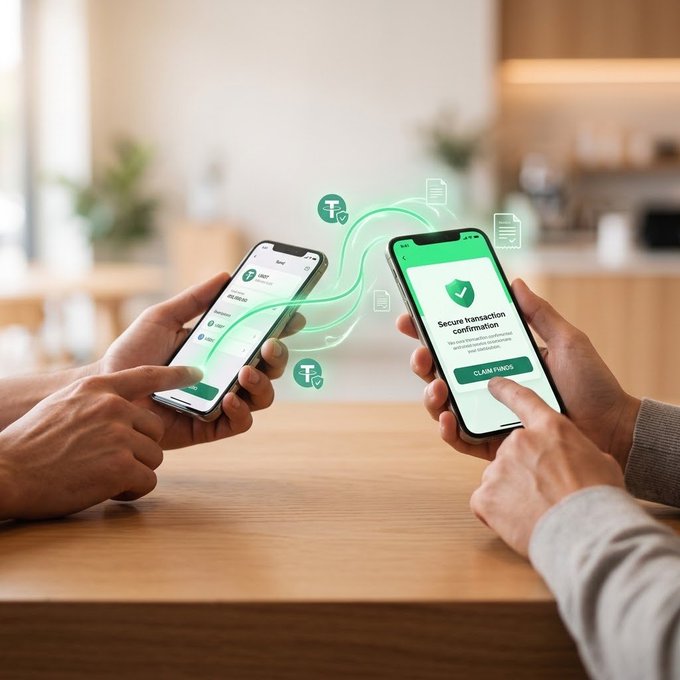 Two hands holding smartphones displaying a secure transaction confirmation app with USDT, with green cryptocurrency icons connecting them, set on a wooden table in a kitchen.