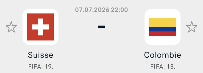 A World Cup matchup card showing Switzerland (FIFA 19) vs. Colombia (FIFA 13) scheduled for 07.07.2026 at 22:00, with national flags and star icons.