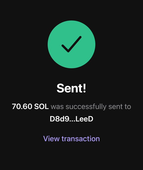 A successful transaction confirmation screen shows 70.60 SOL was sent to address D8d9...LeeD, with a "View transaction" link. The image appears to demonstrate the promised $50 SOL giveaway, supporting the post's claim that participants will receive SOL as part of the challenge.
