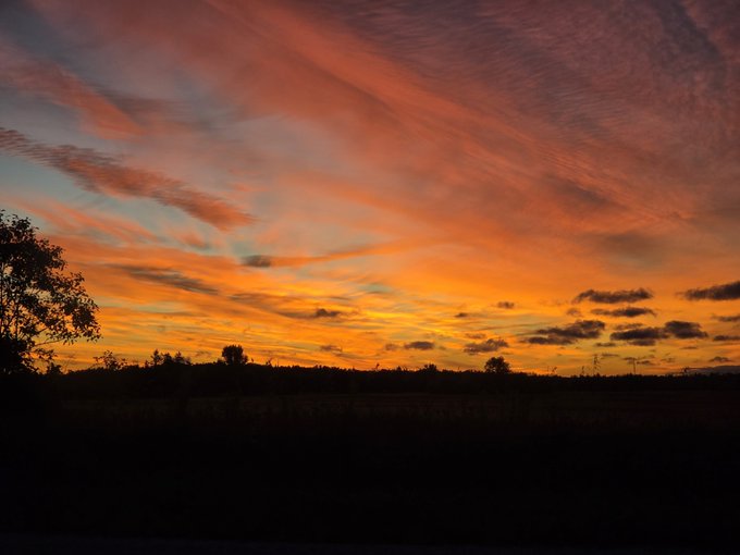 A vivid sunset sky with orange and red clouds over a silhouetted treeline and dark field.