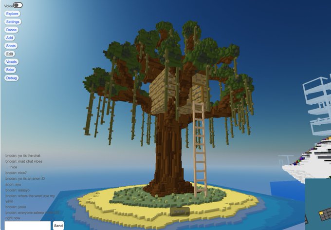 A voxel-style 3D environment shows a large tree with a treehouse and a ladder, floating on a small island; the scene includes a chat box displaying user messages and a menu with options like "Explore," "Settings," and "Dance."