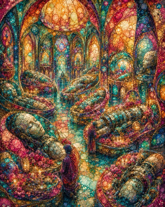 A vibrant, intricate stained-glass style artwork depicting a cathedral-like interior with figures in sarcophagi and a robed person walking through an ornate, colorful space.