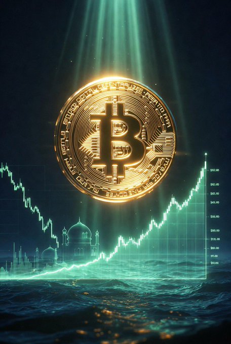 A glowing gold Bitcoin coin hovers above a candlestick chart showing an upward price trend toward $65,000, with a silhouette of what appears to be an Iranian mosque in the background, symbolizing the easing US-Iran tensions driving capital back into risk assets like cryptocurrency.