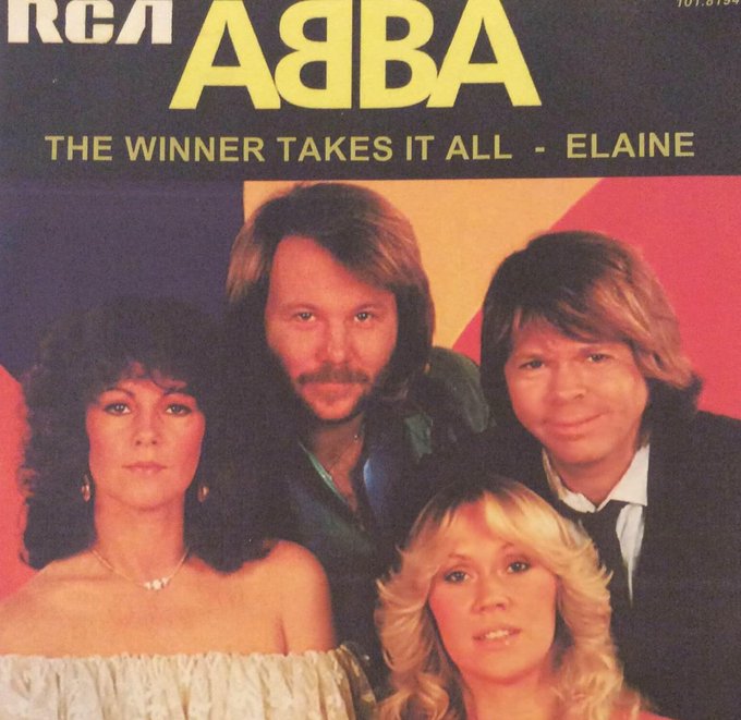 An RCA single cover for ABBA featuring the band's four members, with the tracks "The Winner Takes It All" and "Elaine" printed below the ABBA logo.