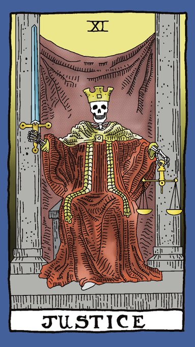 A tarot card depicting 'JUSTICE' (XI), showing a skeleton king wearing a crown and red robes, holding a sword in one hand and scales in the other.