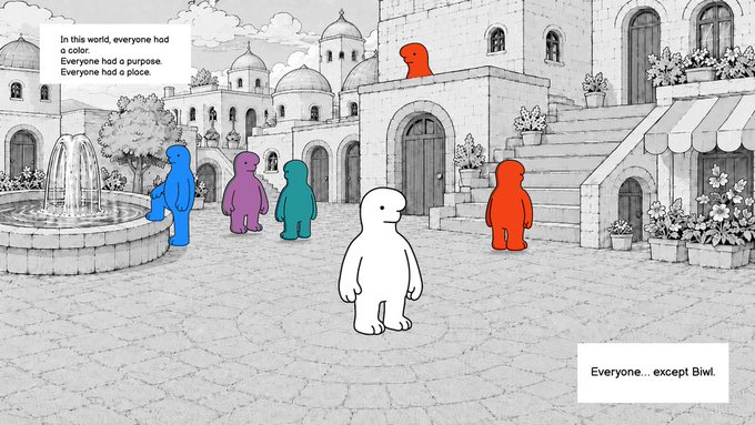 An illustration depicting a black-and-white town where most figures are colored, except for a central white figure named Biwi, with text reading: 'In this world, everyone had a color. Everyone had a purpose. Everyone had a place. Everyone.. except Biwi.'