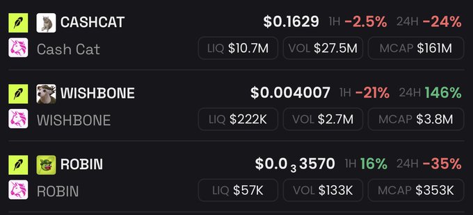 A crypto tracking dashboard displays price data for three meme tokens—$CASHCAT at $0.1629 (down 24%), $WISHBONE at $0.004007 (up 146% in 24H), and $ROBIN at $0.003570—aligning with the post's callout of Robinhood Crypto's expansion and the poster's bullish positions in all three tokens.