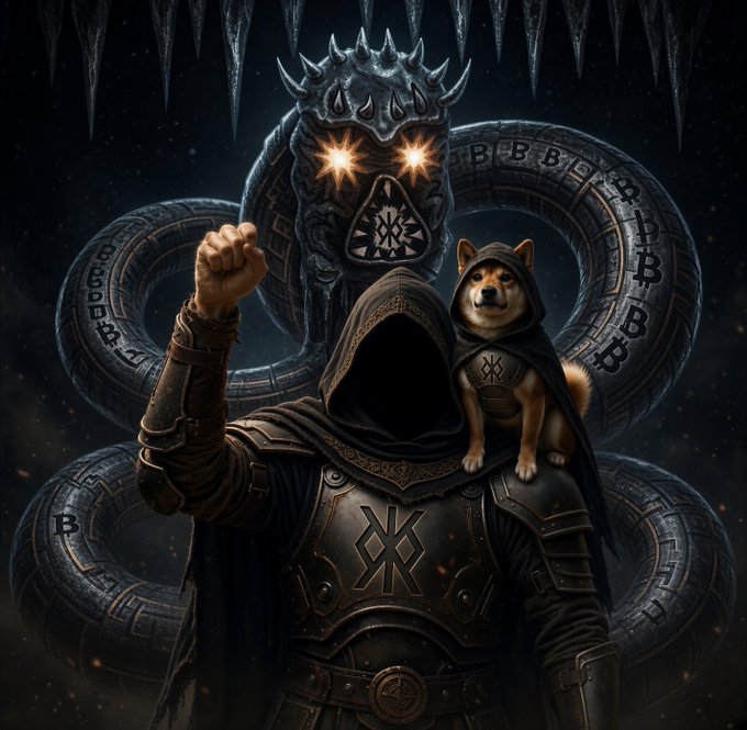 A dark fantasy digital artwork features a hooded, armored figure raising a fist, accompanied by a Shiba Inu dog wearing a small cloak, all set against a coiled serpentine creature with glowing eyes.