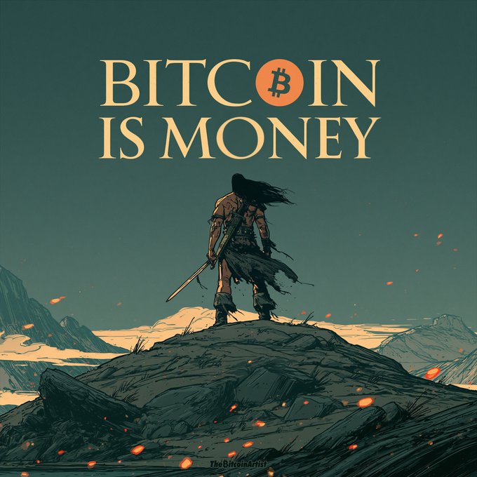 Illustrated artwork by 'TheBitcoinArtist' depicting a warrior with a sword standing on a rocky hill beneath the text 'BITCOIN IS MONEY', with a Bitcoin logo replacing the 'O' in Bitcoin.