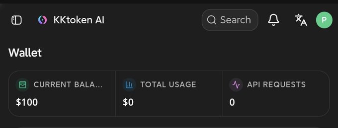 A dashboard screenshot showing the KKtoken AI wallet interface with a current balance of $100 in credits, $0 total usage, and 0 API requests, illustrating the free signup credits being offered to test AI models.