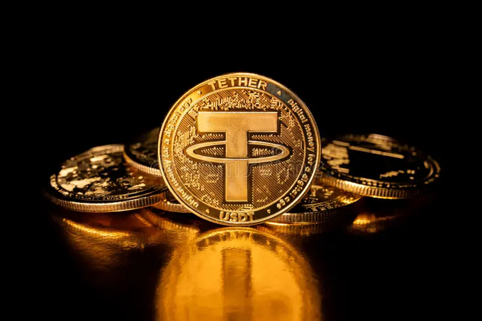Golden Tether (USDT) coins are stacked against a dark background, with the featured coin displaying the "TETHER" and "USDT" inscriptions—visually representing Tether's massive gold reserves and its position as the world's largest private gold holder outside central banks.