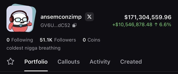 The image shows the profile of "ansemconzimp" with a portfolio value of $171,304,559.96, which aligns with the accompanying post stating a one-month gain of +$171,304,559.96.