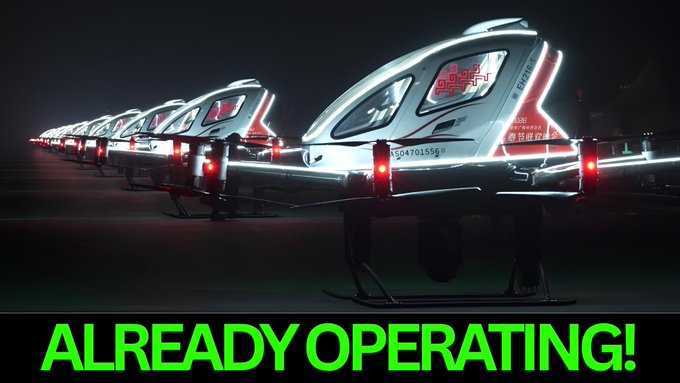 A line of futuristic silver eVTOL aircraft with illuminated red accents sit on a tarmac at night, with green text reading "ALREADY OPERATING!" at the bottom.