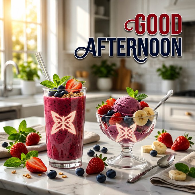 A kitchen scene featuring two berry smoothie bowls decorated with butterfly designs alongside the text 'GOOD AFTERNOON'.
