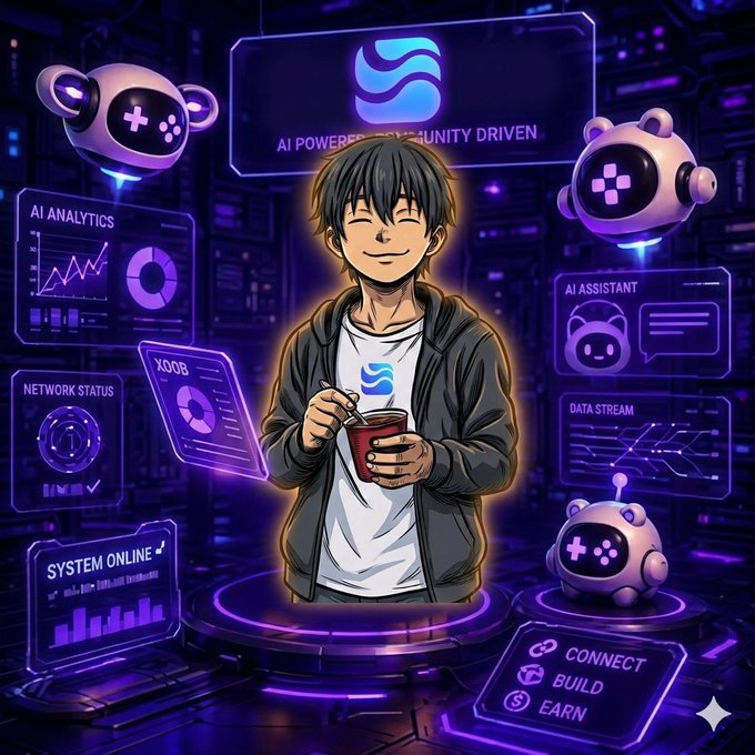 The image features a man standing next to a purple robot, with a cup of coffee in his hand. The background includes various icons related to technology and gaming, such as a computer monitor, a keyboard, and a mouse. The caption for the image reads "Good Morning CT Just checked $RIVER again and what stands out now is stability while most chase hype @RiverdotInc keeps expanding the infrastructure behind the ecosystem. Current strength: ▸ ~~$158M satUSD across 12 chains ▸ ~~$135M TVL locked ▸ growing chain abstraction". The man's presence in front of these icons suggests that he might be a developer or a user of technology and gaming-related products, as indicated by the image elements.