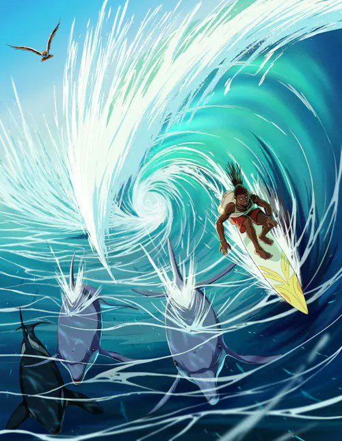 A young surfer crouches on his surfboard while riding inside a massive turquoise barrel wave, with dolphins leaping alongside him and a seagull soaring overhead. The dynamic illustration captures the exhilarating harmony between rider and sea, reflecting the artwork's title "Wave Flow" as it was sold on the NFT market for 0.2 ETH.