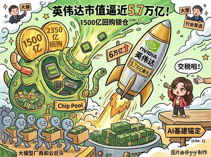 Cartoon illustration about NVIDIA's stock price nearing 5.7 trillion market cap, showing a rocket labeled 'NVIDIA 英伟达' alongside figures like Jensen Huang and references to H100, Blackwell servers, and 1500B/2350B buybacks.