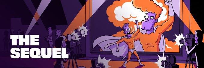 A cartoon-style illustration titled 'THE SEQUEL' showing a purple-haired superhero posing dramatically while being photographed by paparazzi.