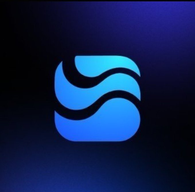 A glowing blue logo featuring three stacked wave-like curves sits against a dark purple background.