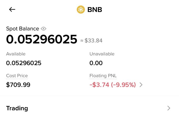A screenshot of a phone screen displaying an account statement from a cryptocurrency exchange, Binance, with a payment history for spot balance. The text in the image provides a breakdown of the transaction costs, including floating PNL and the cost of payments sent. The photo caption indicates that this information was shared on Twitter by Alhamdulillah, as well as several other people who joined an event.