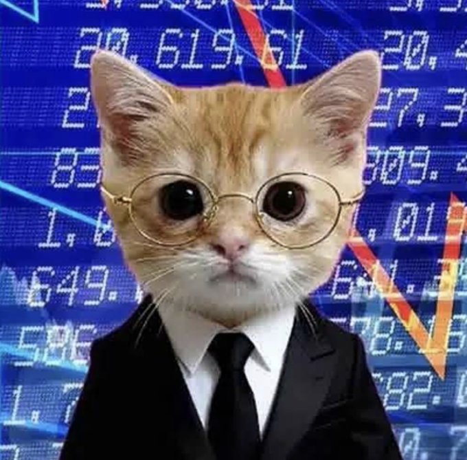 A humorous image of an orange and white cat wearing round glasses and a black business suit with a tie, set against a background of stock market charts and numbers.
