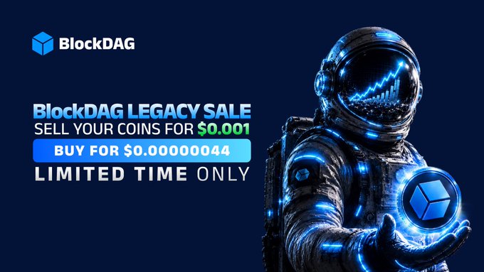 In the image, a person dressed as an astronaut holds a blue cube over their head. The background of the image is dark blue with the text "blockdag legacy sale" written at the top, followed by a smaller portion of the same text below the main image, and then another piece of text that reads "sell your coins for $0.000 0004". Additionally, there are two small squares located near the bottom edge of the image featuring the words "limited time only". These details suggest that this is likely an advertisement or promotional material related to a buyback program where participants can sell their coins for a limited amount in exchange for certain benefits and advantages.
