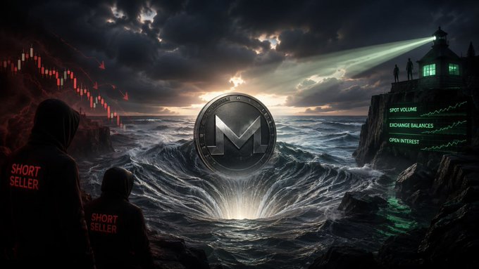 A person wearing a "SHORT SELLER" hoodie watches a stormy ocean where Monero's glowing coin logo rises from swirling waters, while another on the cliff points a lighthouse beam toward a HUD displaying "SPOT VOLUME," "EXCHANGE BALANCES," and "OPEN INTEREST." The imagery visualizes the post's caution that XMR's privacy-driven rally alone isn't proof that capital has returned to the broader sector—short sellers remain skeptical, and the data metrics suggest momentum hasn't fully materialized.