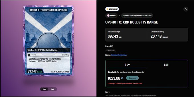 Screenshot of a digital trading card titled 'UPSHOT X - THE SEPTEMBER 30 XRP CLOSE' with the headline 'Upshot X: XRP Holds Its Range,' showing total winnings of $97.43 USDSM, limited quantity of 20/48 claimed, and a 'Buy' price of 1023.08 USDC.