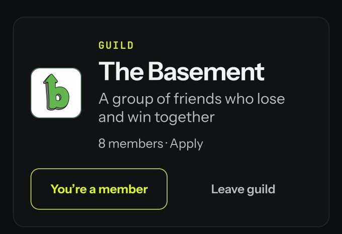 A Guild profile card for 'The Basement' displaying a green 'b' logo, the tagline 'A group of friends who lose and win together', 8 members, an Apply option, and 'You're a member' and 'Leave guild' buttons.