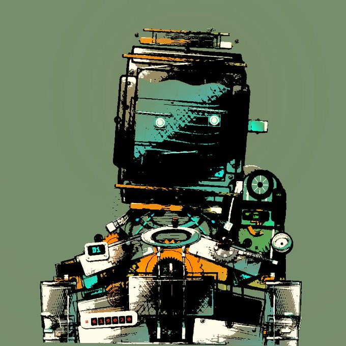 A stylized illustration of a robot with a box-like head, displayed in a gritty, illustrated art style against a muted green background.