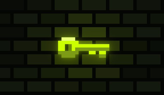 Pixel art animation still showing a glowing yellow-green key hovering in front of a dark brick wall background.