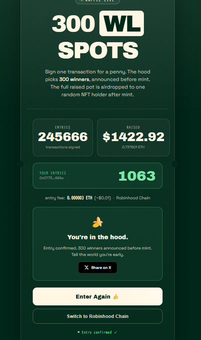 The screenshot displays a "300 WL Spots" entry confirmation page showing 2,456,66 entries raising $1,422.92, with the user's 1,063 entries visibly highlighted under "YOUR ENTRIES." The "Oh nooooooo" caption likely reflects frustration over having accumulated so many entries without winning, or missing out on the Whitelist (WL) spots despite paying for 1,063 chances.