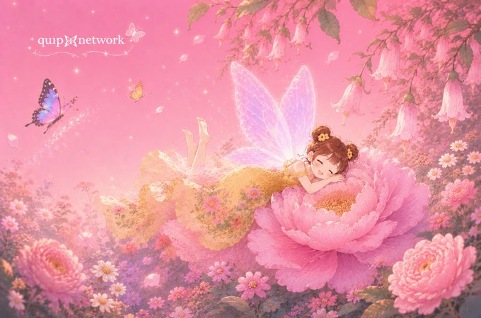 The image features a girl with brown hair, dressed as a fairy, lying down among flowers and butterflies. The background of the image is pink, which complements the girl's dress. There are also some butterflies flying around her. The text "quip network" appears in the image, possibly indicating that this scene was created by someone named @quipnetwork.