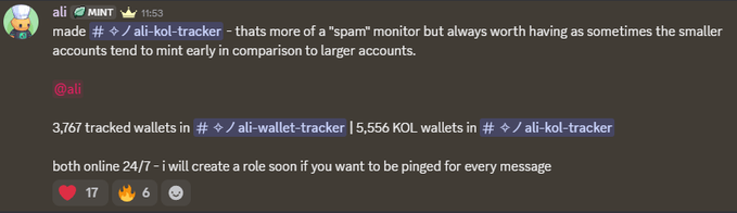A Discord message from user "ali" at 11:53 announces two monitoring tools: /ali-wallet-tracker with 3,767 tracked wallets and /ali-kol-tracker with 5,556 KOL wallets, both available online 24/7 with an option to create a ping role. The post relates to the image by showcasing these new monitors designed to help members catch more drops with high quality "less is more" tools.
