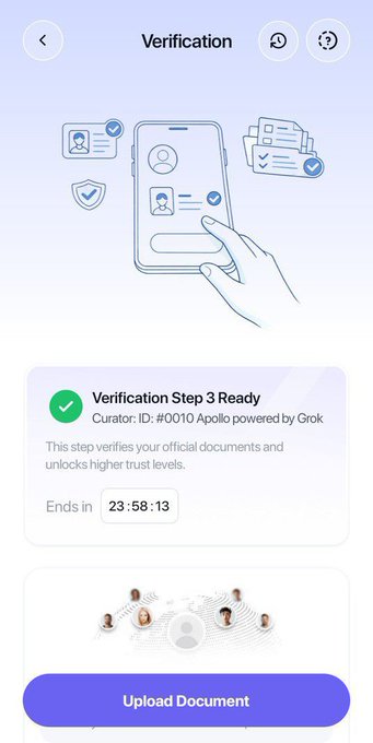 A mobile verification screen displaying a green checkmark that says 'Verification Step 3 Ready' with the Curator ID '#0010 Apollo powered by Grok', counting down to an end time of 23:58:13 above an 'Upload Document' button.