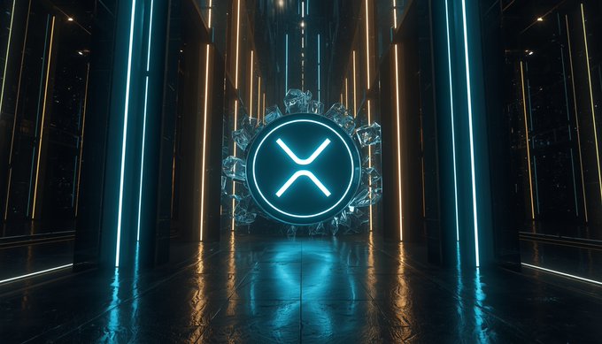 A 3D rendered graphic featuring a glowing blue XRP logo encased in crystal, set against a dark background with vertical light strips.