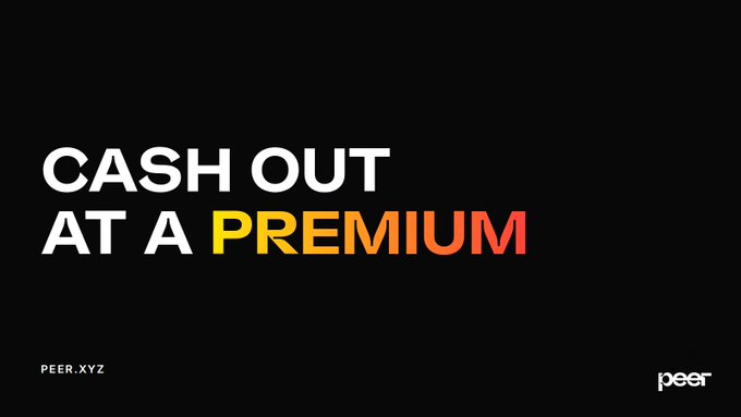 The image displays the bold text "CASH OUT AT A PREMIUM" in white and gradient orange-to-red lettering against a black background, with "PEER.XYZ" in the bottom left and the "peer" logo in the bottom right. The promotional graphic reinforces the post's message that Peer.xyz allows users to cash out crypto at a premium rather than paying fees, by visually emphasizing the financial benefit of offramping through the platform.