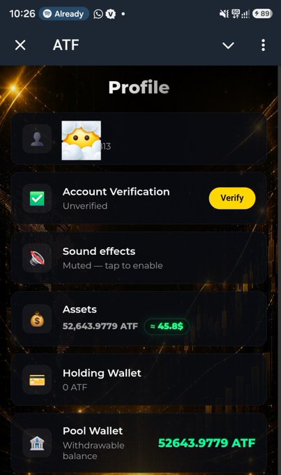 A mobile app screenshot showing a 'Profile' page for ATF with account verification status, sound effects settings, assets showing 52,643.9779 ATF (~$45.85), and a Pool Wallet withdrawable balance of 52643.9779 ATF.