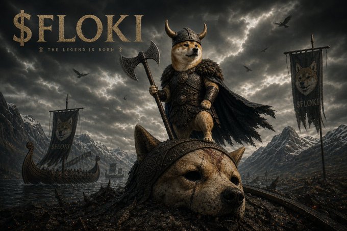The image shows a warrior Shiba Inu dog in Viking armor wielding a battle axe, standing triumphantly atop a fallen wolf's head, with a Viking longship and "$FLOKI" banners in the misty, mountainous background, accompanied by the text "$FLOKI - THE LEGEND IS BORN."

The image reinforces the post's "with us or against us" sentiment by depicting $FLOKI as a fierce Viking warrior ready for battle, framing the token as a legendary force that demands allegiance.
