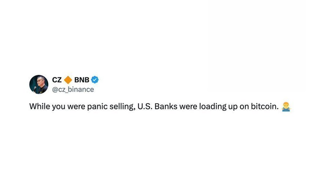 A tweet from CZ (@cz_binance) reads, "While you were panic selling, U.S. Banks were loading up on bitcoin," suggesting that while retail investors were selling off, institutional players were accumulating Bitcoin, aligning with the post's message about banks becoming bullish and FOMO setting in.