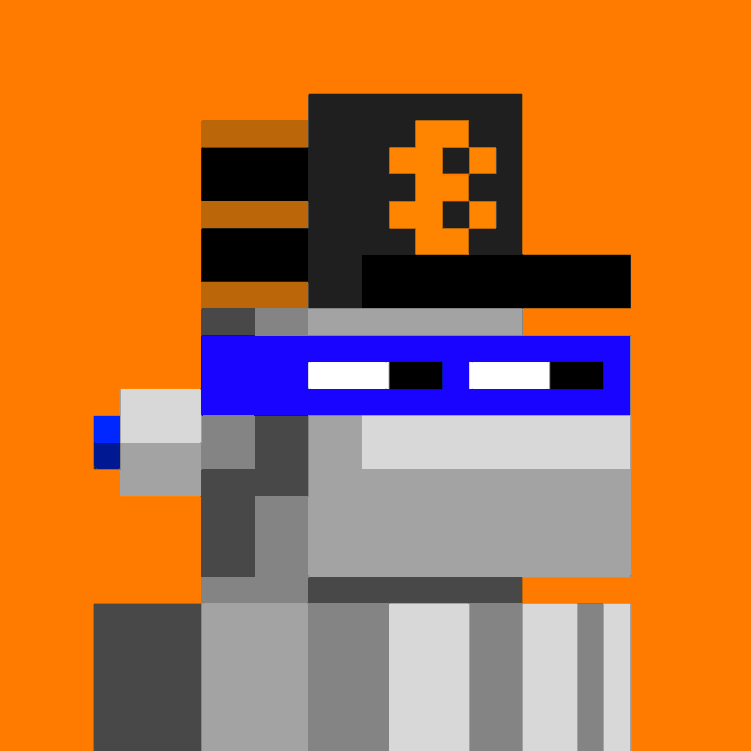 A pixel art image of a character wearing a black top hat with an orange Bitcoin symbol, set against a solid orange background.