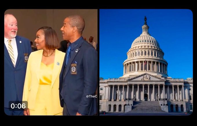 A split image with a video timestamp of 0:06 showing people in suits on the left and the U.S. Capitol building against a blue sky on the right, with partial text "@TheO" visible.