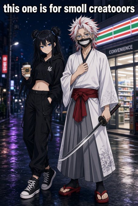 Anime-style illustration of two characters standing on a wet street near a convenience store at night, with the text 'this one is for smoll creatooors' at the top.