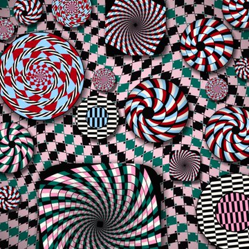 An optical illusion artwork featuring circular patterns with swirling red and blue stripes, creating vortex-like effects against a background of pink, black, and teal diamond shapes.