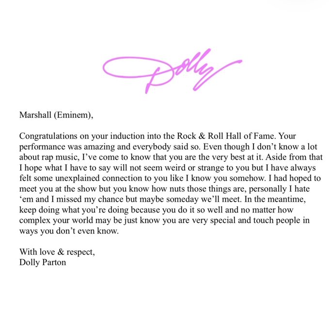 A letter with a purple 'Dolly' signature addressed to 'Marshall (Eminem),' congratulating him on his Rock & Roll Hall of Fame induction, signed 'With love & respect, Dolly Parton'.