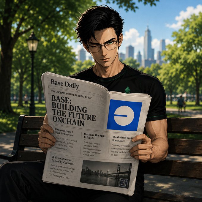 ikebana artist, dressed casually and wearing glasses, reads a newspaper while seated on a bench in a park with trees and buildings in the background.