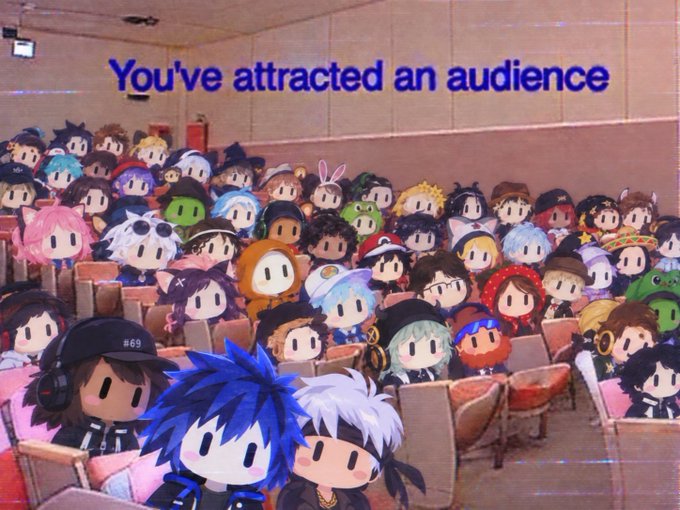 Humorous image showing rows of seats in an auditorium filled with cartoon-style character avatars, with text overlay reading 'You've attracted an audience'.