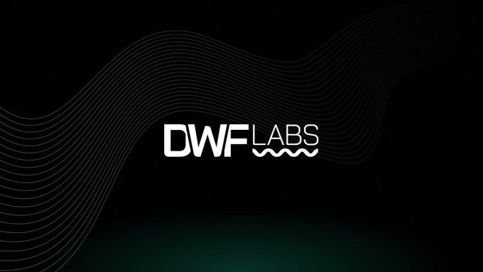 The DWF Labs logo is displayed against a dark background featuring flowing wave-like lines, serving as the visual identity for the firm highlighted in the post about its rapid rise to managing a crypto portfolio exceeding $40 billion in market value within just four years.