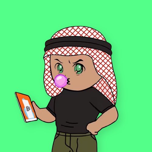 Cartoon illustration of a chibi-style character wearing a keffiyeh with a black band, blowing a pink bubblegum bubble while holding a smartphone, set against a green background.